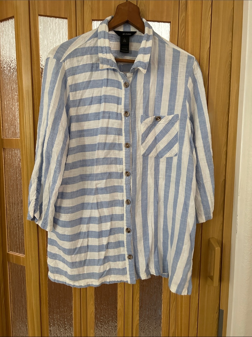 Ali Miles Light Blue & White Striped Linen Button-Down Shirt
